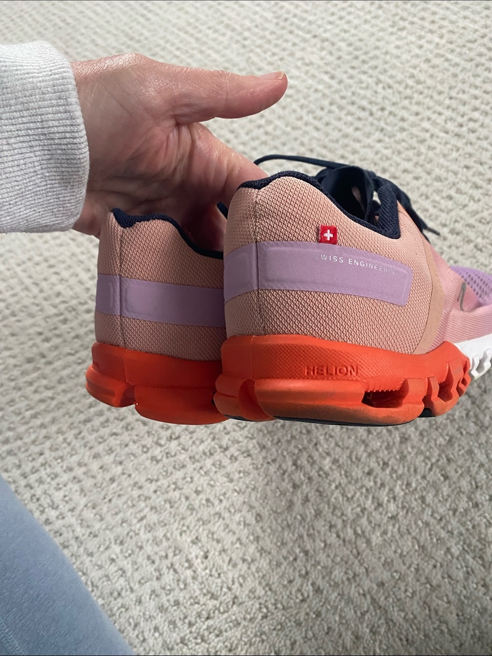 On Running Women’s Cloudflow Pink with Coral and Orange Sole and Navy Laces, W8 - Picture 3 of 10
